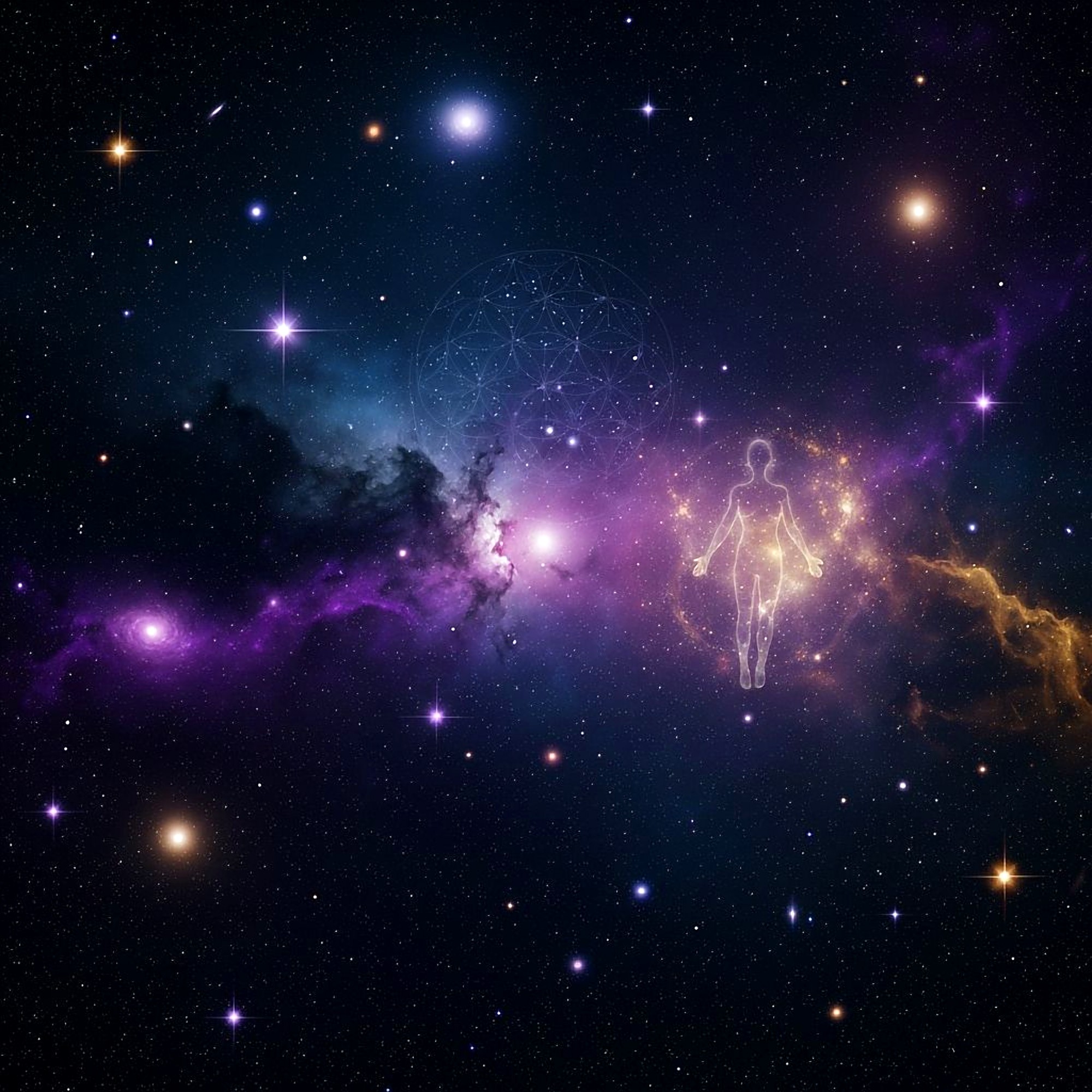 A translucent astral figure rising within a cosmic nebula, sacred geometry overhead