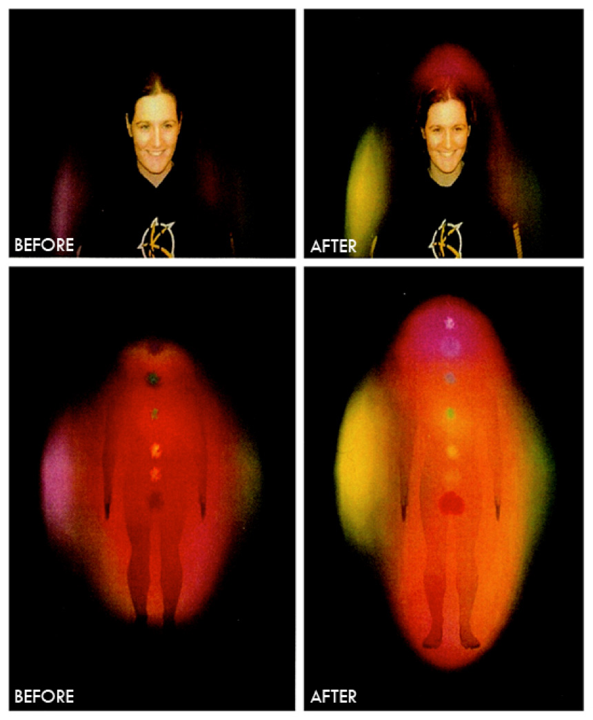 Aura photography showing a client's energy field before and after a Life Activation session