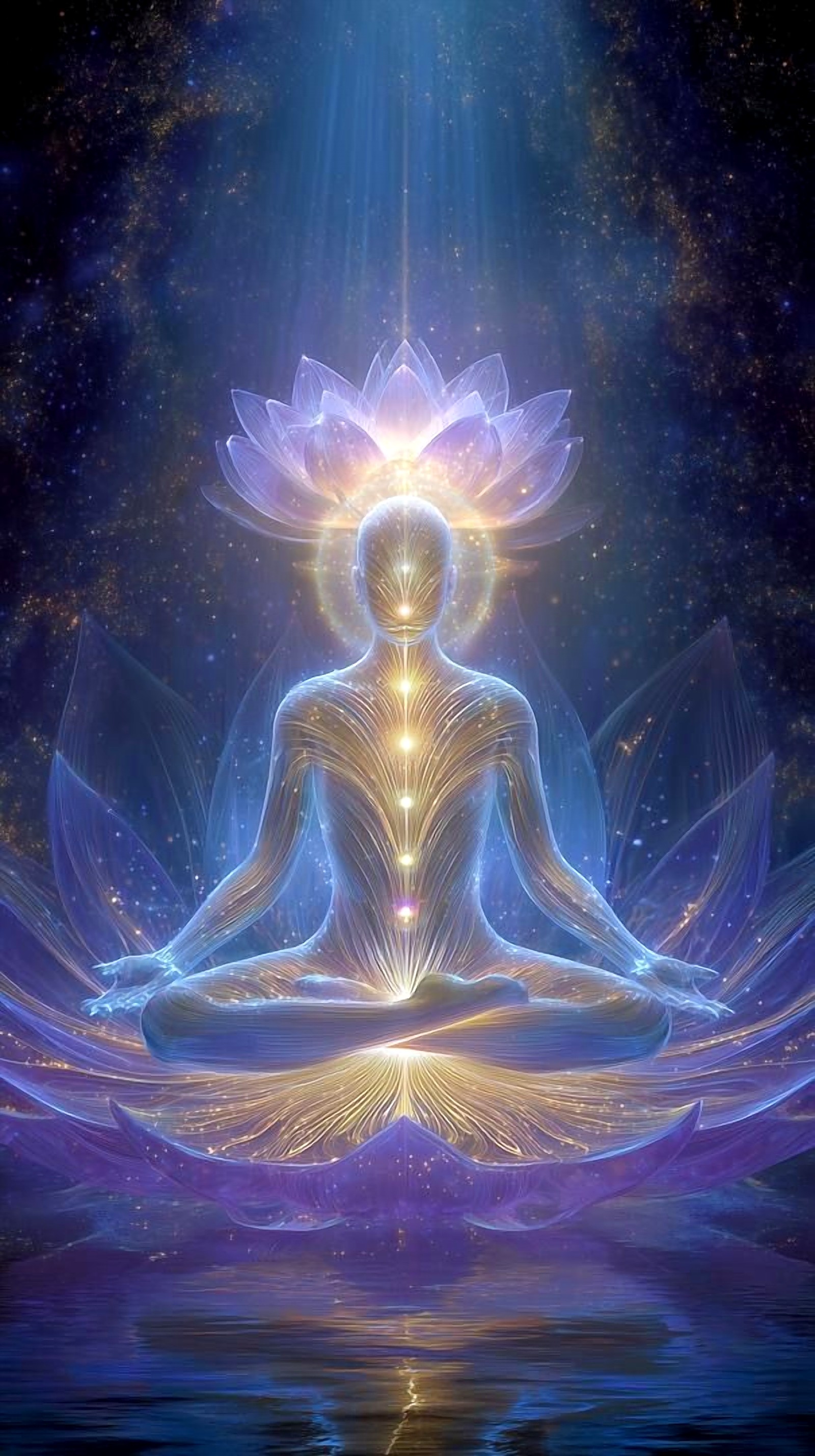 A meditating figure with the central channel and higher chakras illuminated