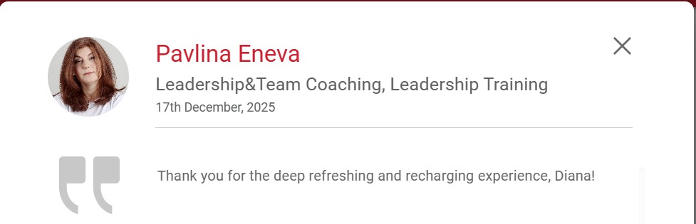 BNI Connect testimonial from Pavlina Eneva: Thank you for the deep refreshing and recharging experience, Diana!