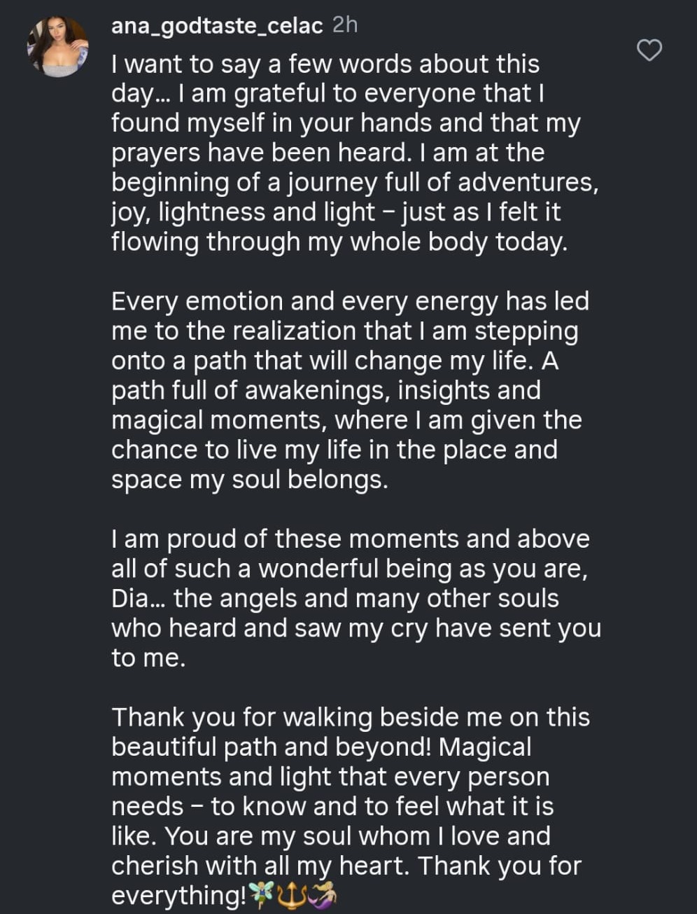 Instagram comment from ana_godtaste_celac thanking Diana for guiding her onto a life-changing path of awakenings, insights, and magical moments.